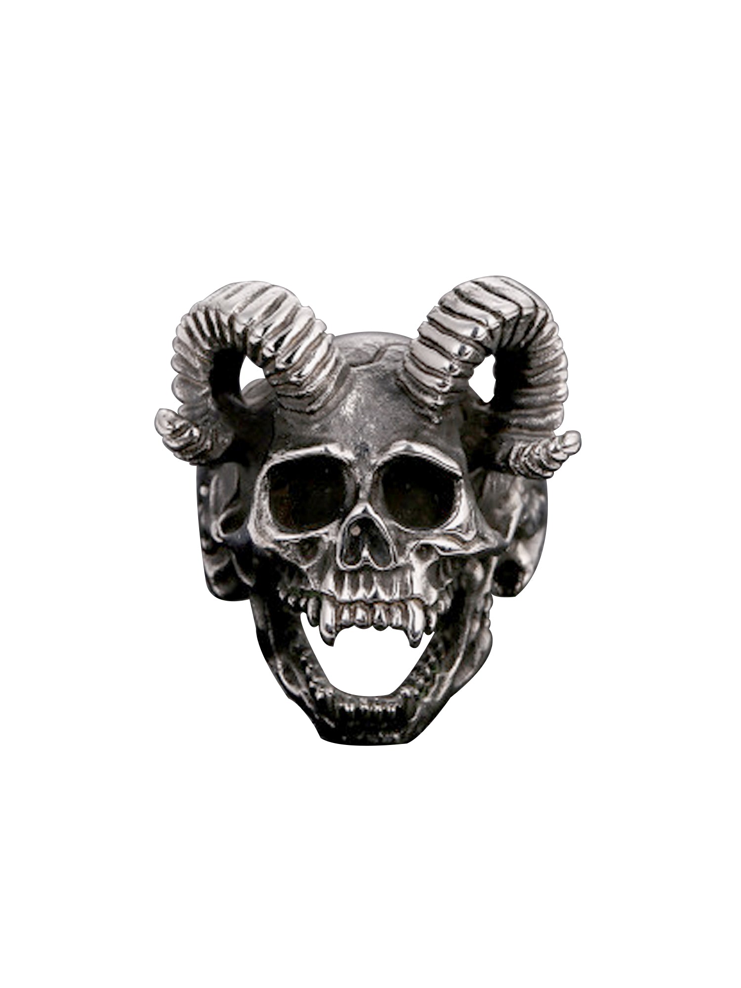Full Ram Horns Devil Skull Ring With Sharp Teeth Stainless Steel - US Size 13
