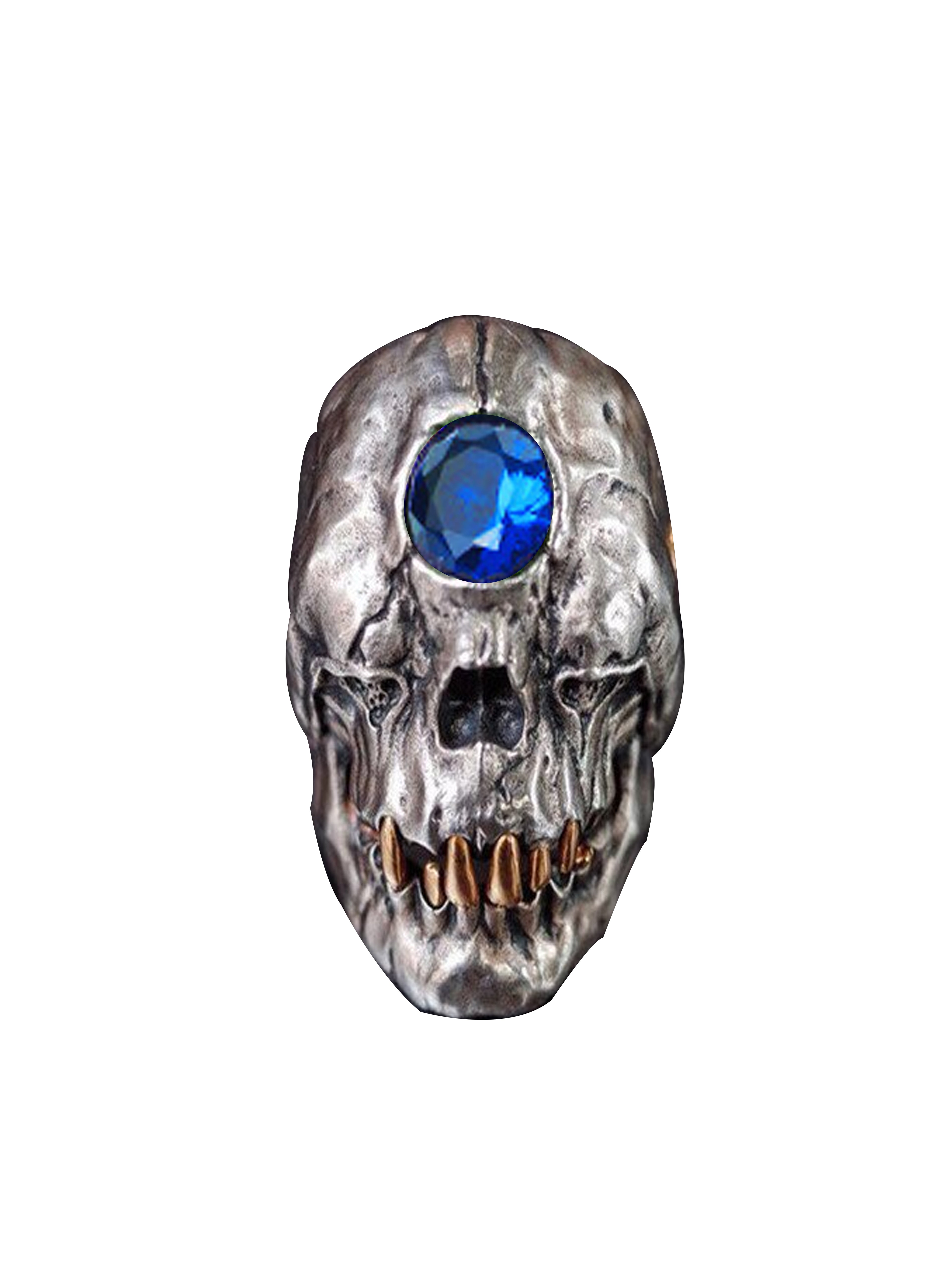 Skull Ring with Blue Gemstone and Gold Teeth - US Size 9