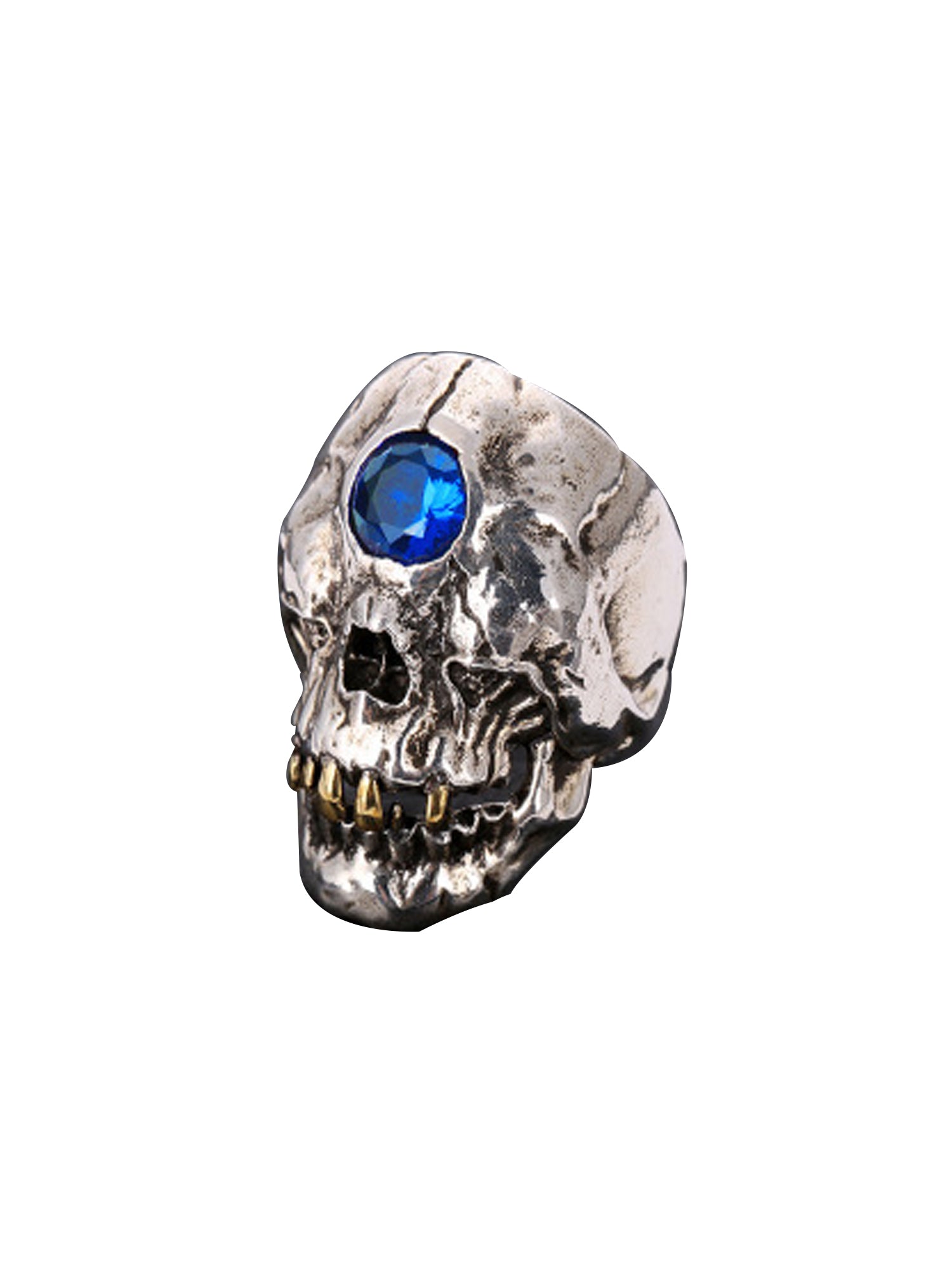 Skull Ring with Blue Gemstone and Gold Teeth - US Size 9