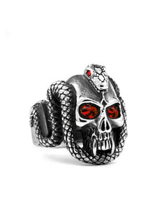 Cobra Skull Stainless Steel Ring with Red Ruby Inlay - US Size 11