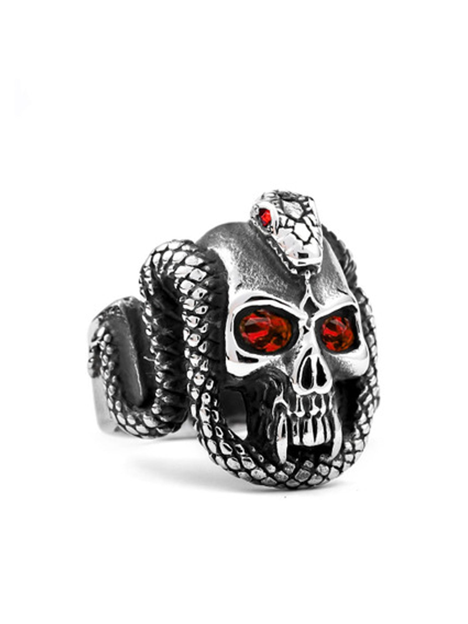 Cobra Skull Stainless Steel Ring with Red Ruby Inlay - US Size 9