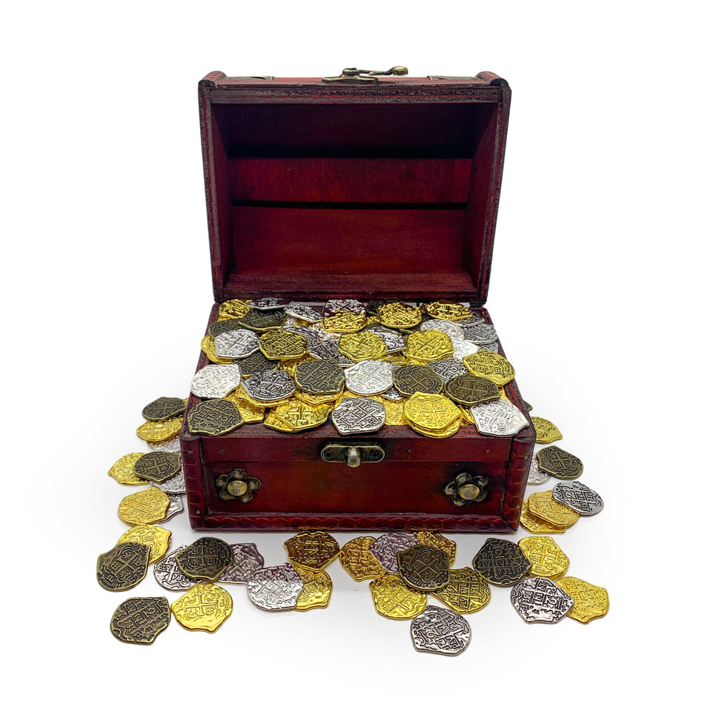 Wooden Pirate Chest with Mixed Coins