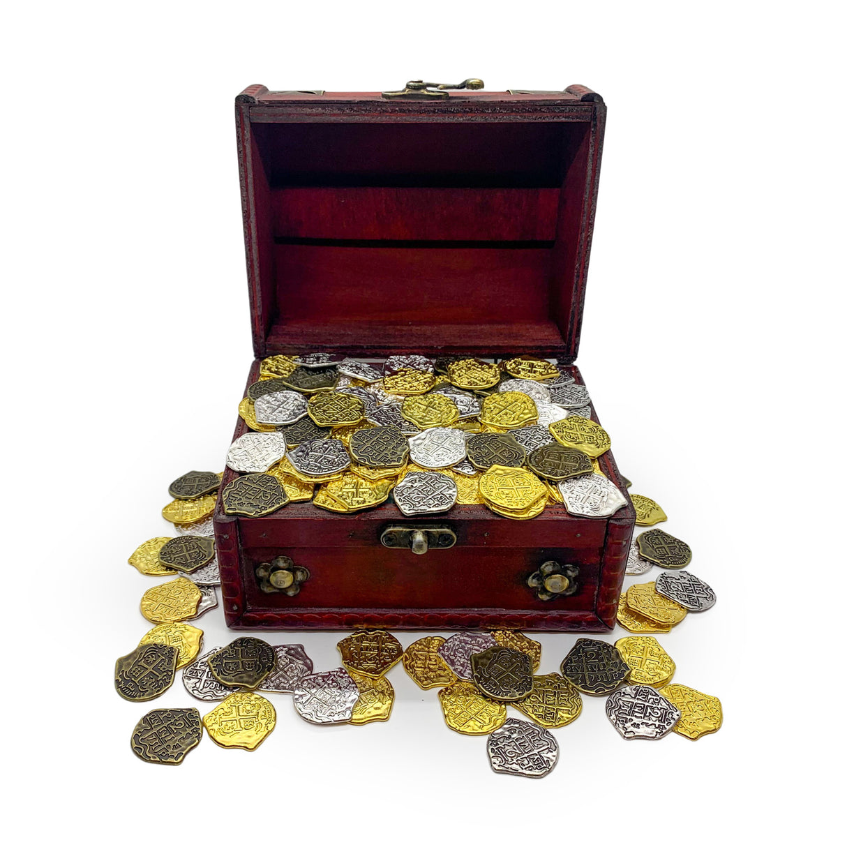 Wooden Pirate Chest with Mixed Coins