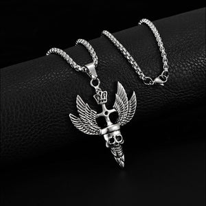 Stainless Steel Pirate Skull with Crown and Wings Pendant Necklace