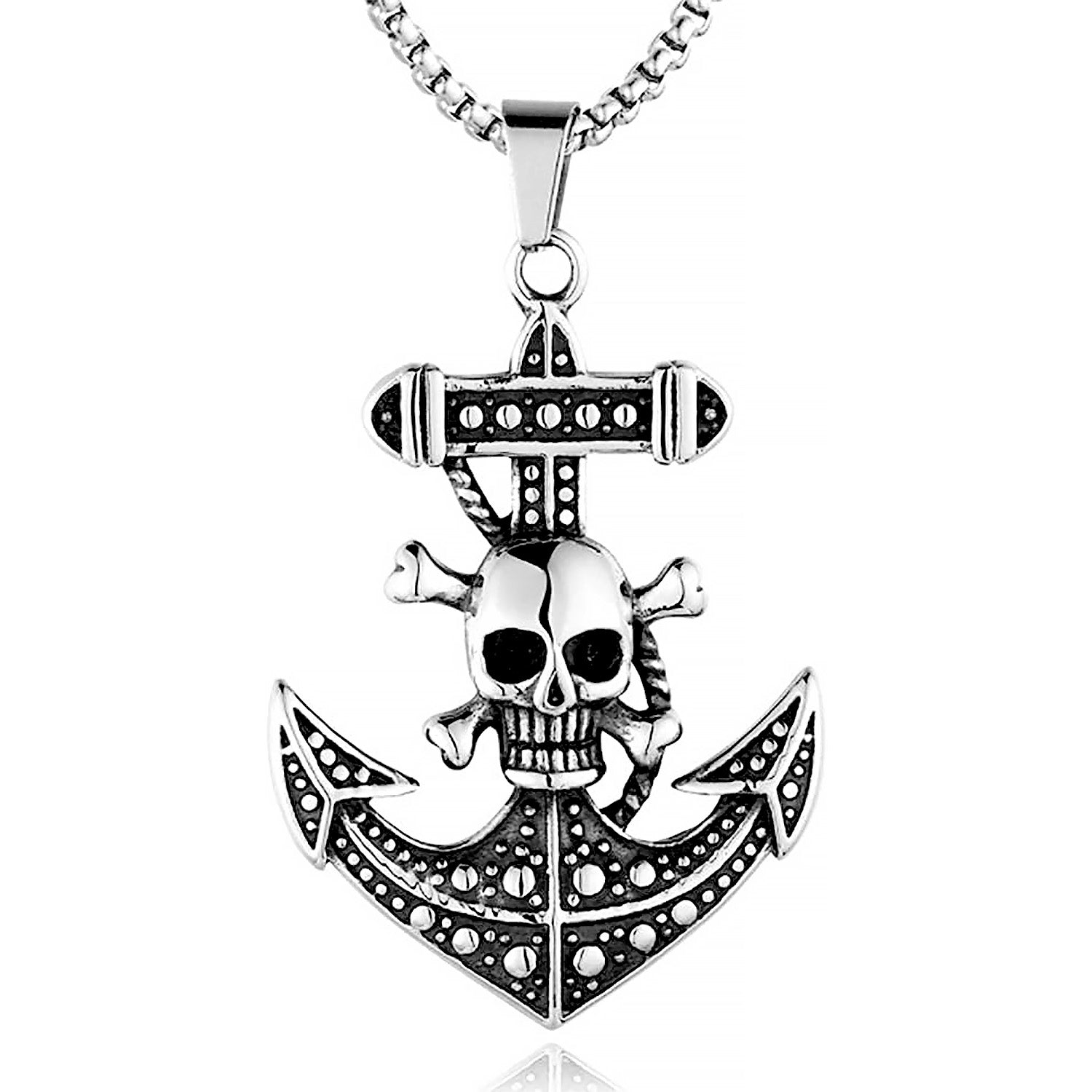 Stainless Steel Pirate Skull Anchor Necklace Pendant