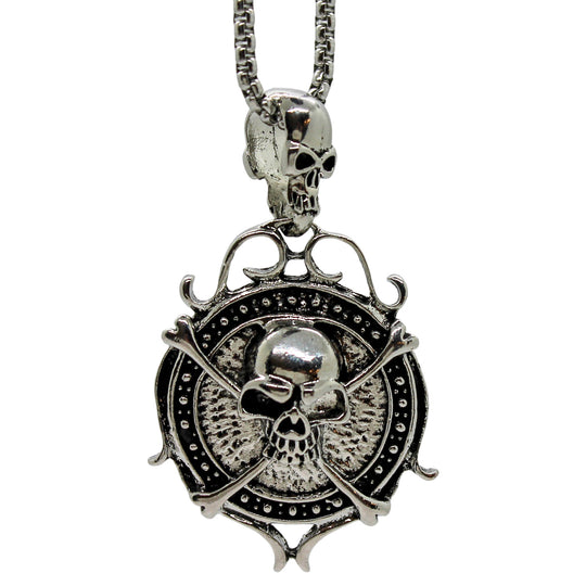 Stainless Steel Pirate Double Skull Jolly Roger Necklace Pendant