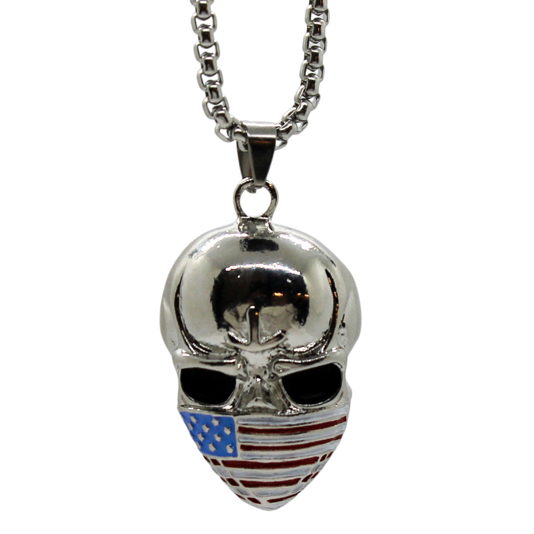 American Flag Skull Polished Stainless Steel Necklace Pendant