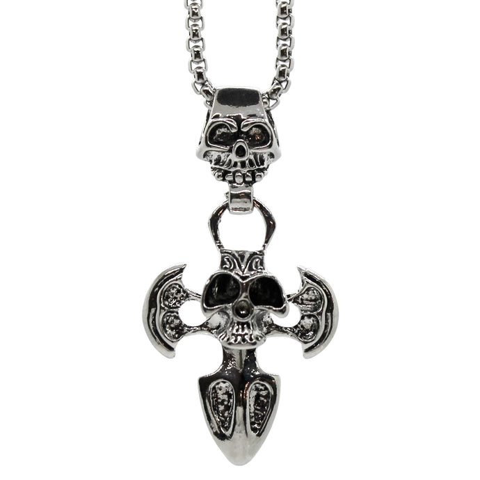 Double Skull Iron Cross Stainless Steel Necklace Pendant