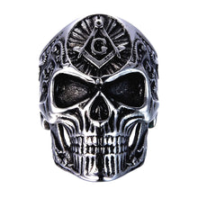 Load image into Gallery viewer, Seven Seas Pirate Mason Skull Steel Black Enameled Silver Ring US 8 to 13