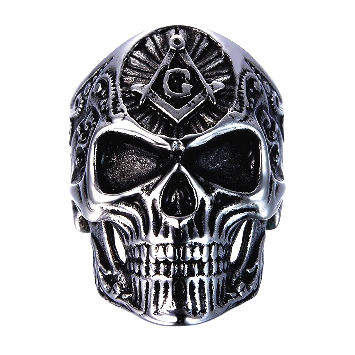 Seven Seas Pirates Mason Skull Steel Black Enameled Silver Ring US 9