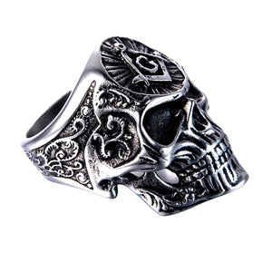 Seven Seas Pirate Mason Skull Steel Black Enameled Silver Ring US 8 to 13