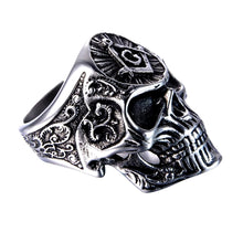 Load image into Gallery viewer, Seven Seas Pirates Mason Skull Steel Black Enameled Silver Ring US 13
