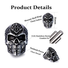 Load image into Gallery viewer, Seven Seas Pirates Mason Skull Steel Black Enameled Silver Ring US 9