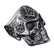 Load image into Gallery viewer, Seven Seas Pirates Mason Skull Steel Black Enameled Silver Ring US 11